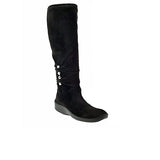Knee high black microsuede boot with bead detailing on side. Inside zipper, rubber sole.