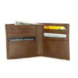 An open bifold wallet in tan vegan leather, 4 card slots on each side, cash slot in center. Shown here with cards and cash inside.