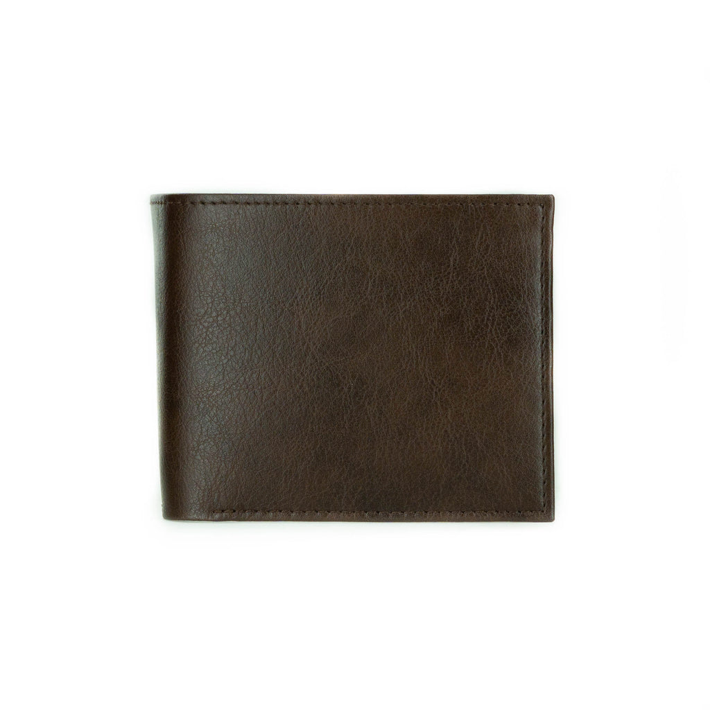 A closed bifold wallet in dark brown vegan leather.