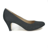 A simple black microsuede pump with a small covered heel. Almond toe shape. Beige lining.