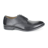 A classic and simple black vegan leather dress shoe. Lace up with 5 eyelets. Black rubber sole. Beige lining. Rounded toe.