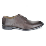 A classic and simple dark brown vegan leather dress shoe. Lace up with 5 eyelets. Black rubber sole. Beige lining. Rounded toe.
